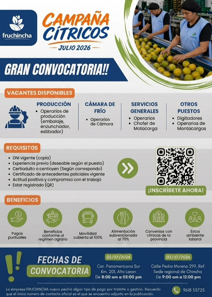Operarios de Producción para Campaña de Cítricos en Chincha