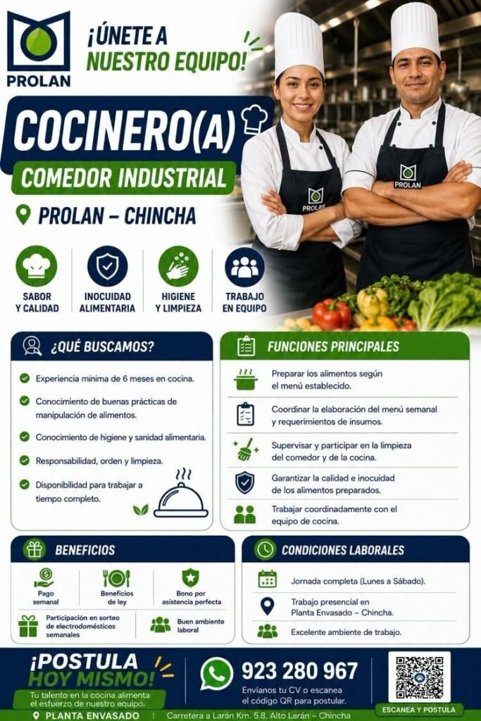 Cocinero(a) para Comedor Industrial en Prolan – Chincha