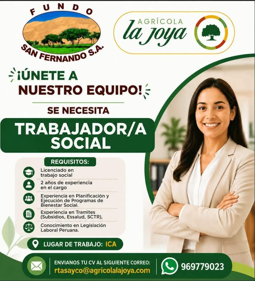 Trabajador Social en Fundo San Fernando, Ica