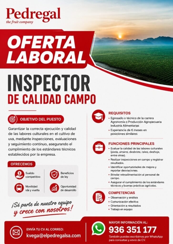 Inspector de Calidad Campo para Cultivo de Uva en Ica - Imagen 1