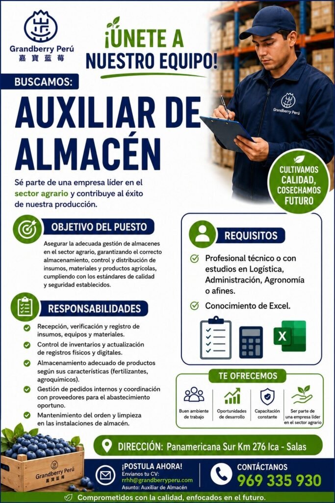 Auxiliar de Almacén para Empresa Agraria en Ica - Salas - Imagen 1