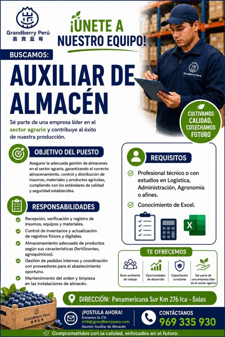 Auxiliar de Almacén para Empresa Agraria en Ica – Salas