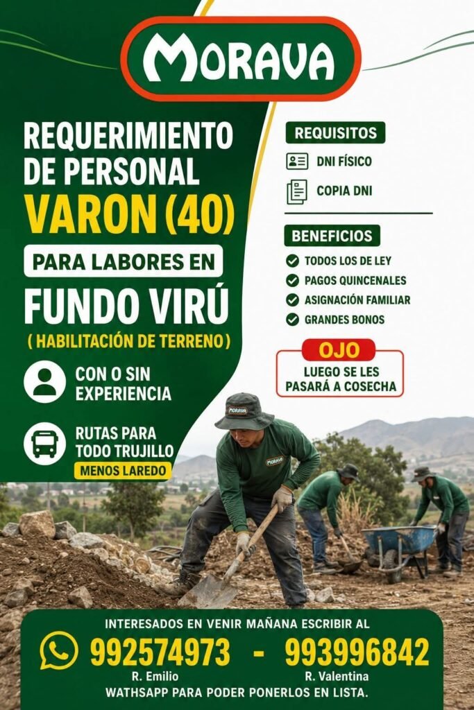 Trabajadores Agrícolas para Habilitación de Terreno en Morava, Trujillo - Imagen 1