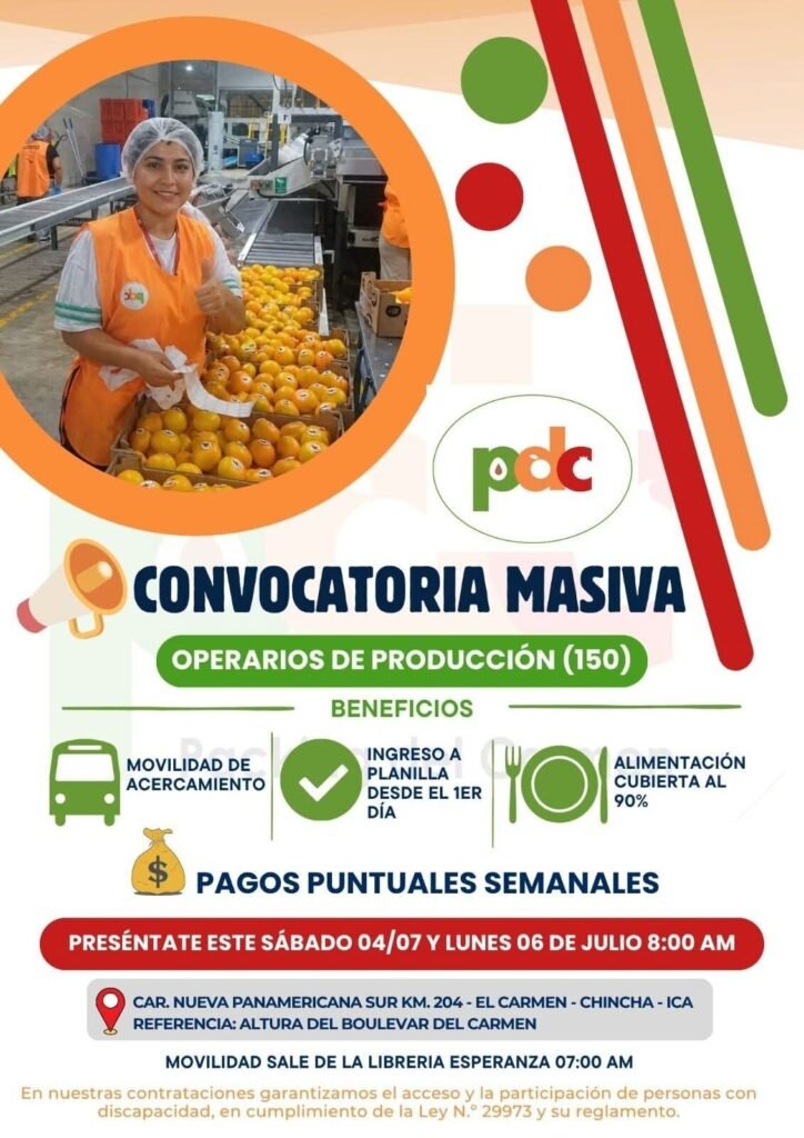 Operarios de Producción para Empresa en El Carmen, Chincha - Imagen 1