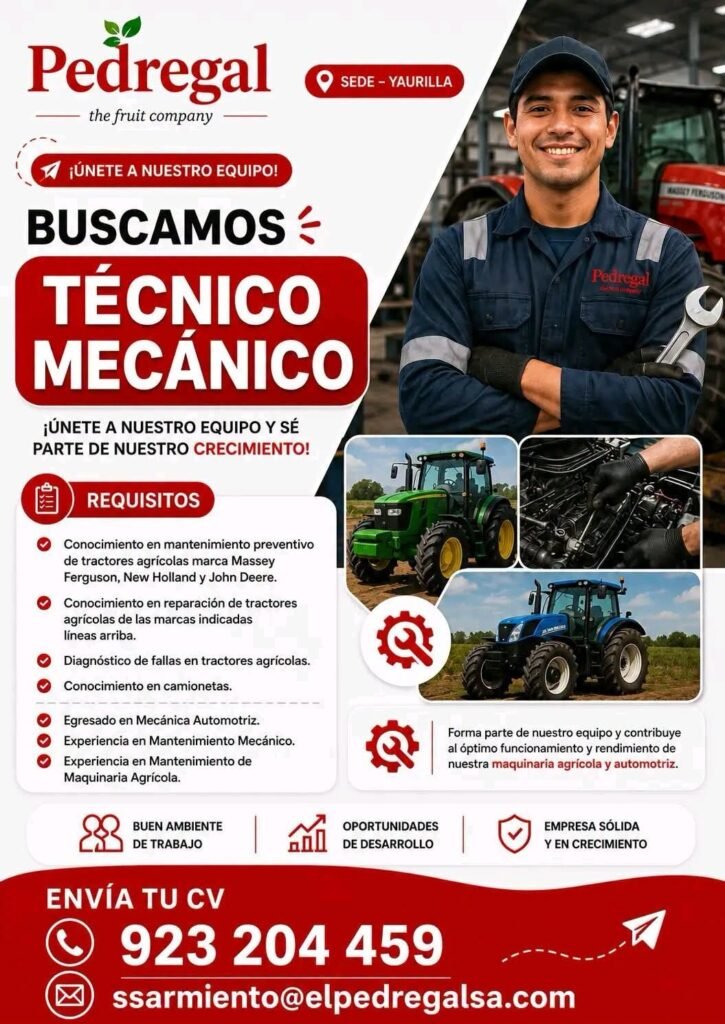 Técnico Mecánico para Mantenimiento de Tractores en Pedregal Ica