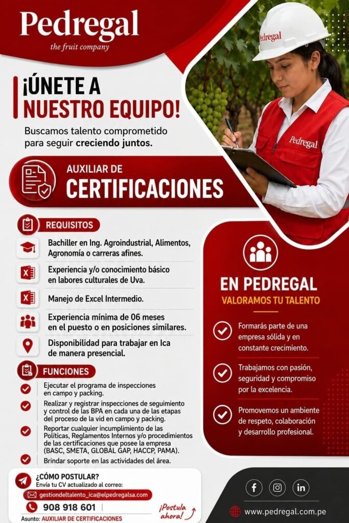 Auxiliar de Certificaciones en El Pedregal, Ica
