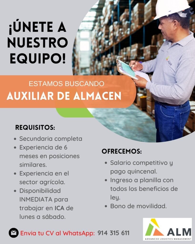 Auxiliar de Almacén en Ica para Sector Agrícola - Imagen 1