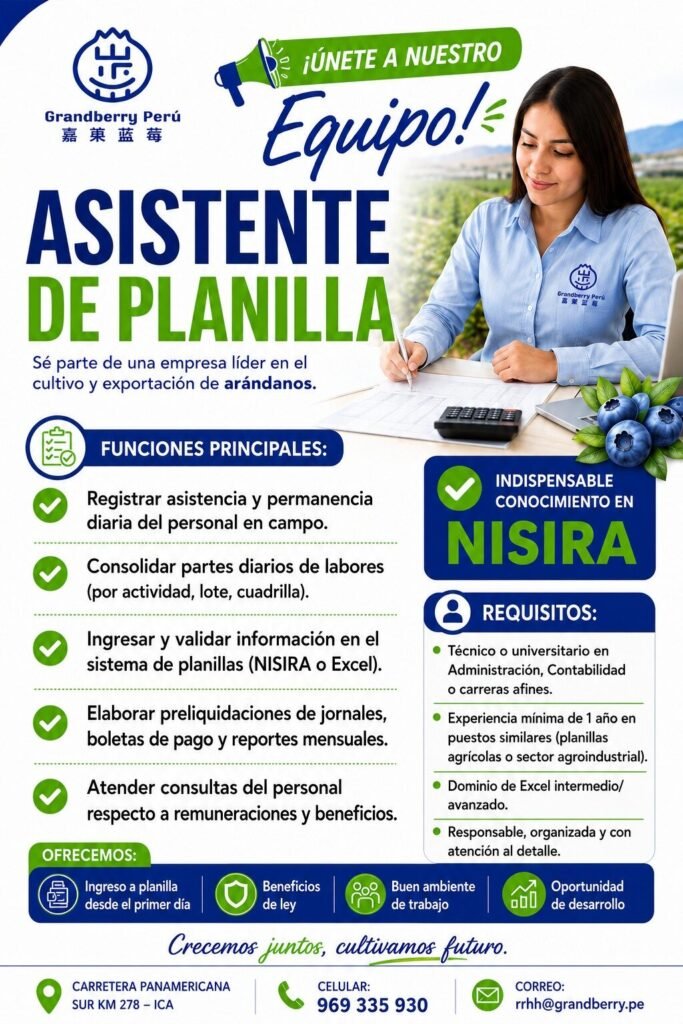 Asistente de Planilla para Grandberry en Ica - Imagen 1