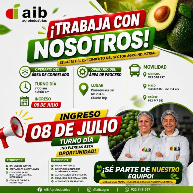 Operarios para Congelado y Proceso en Chincha Baja, Ica