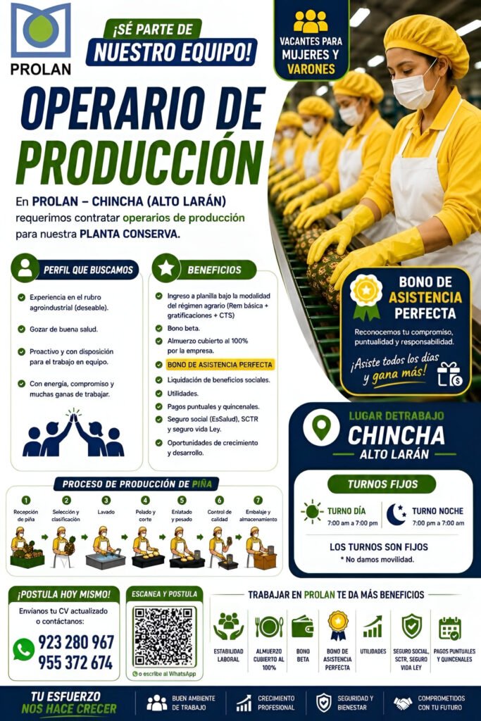 Se requiere operarios de packing en Prolan Chincha – Alto Laran