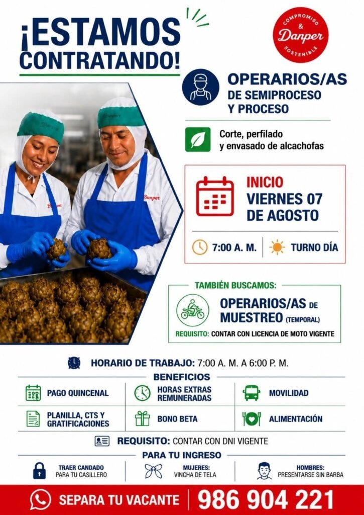 Operarios(as) de Producción en Planta Pedregal – Danper
