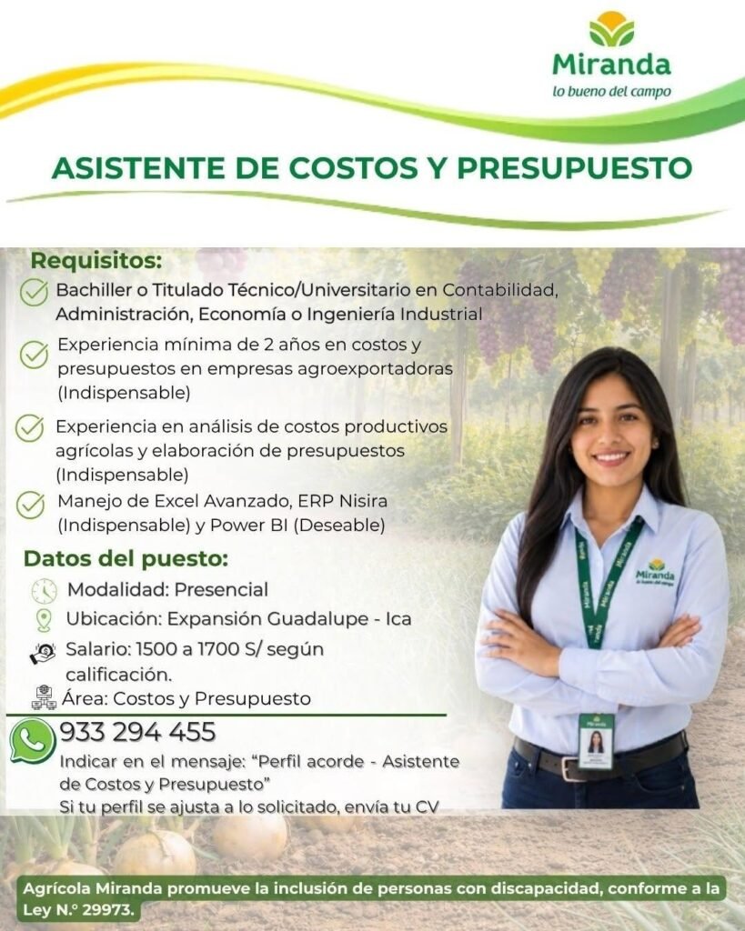 Asistente de Costos y Presupuesto para Agricola Miranda