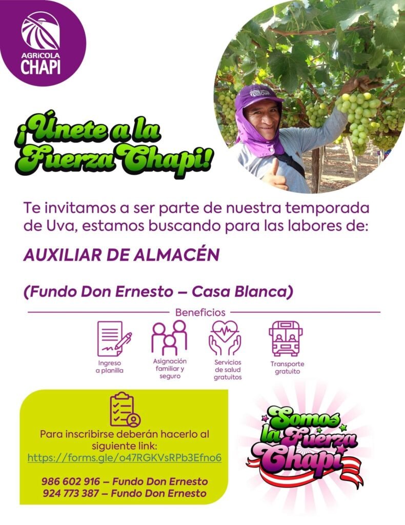 Asistente de Almacén e Inspector(a) de Calidad en Agricola Chapi