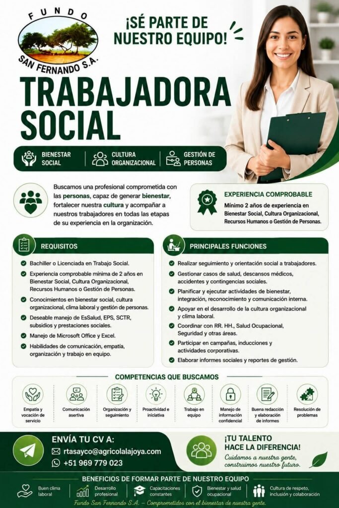 Trabajadora social para fundo San fernando en Ica - Imagen 1