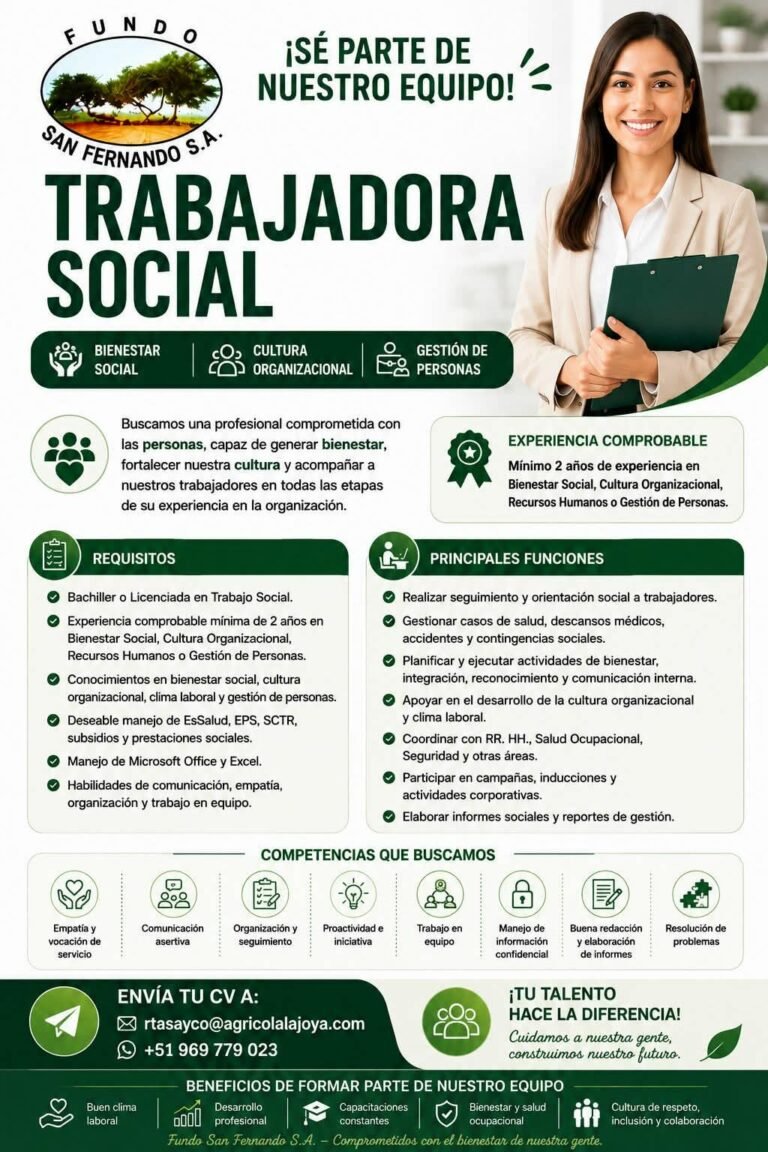 Trabajadora social para fundo San fernando en Ica