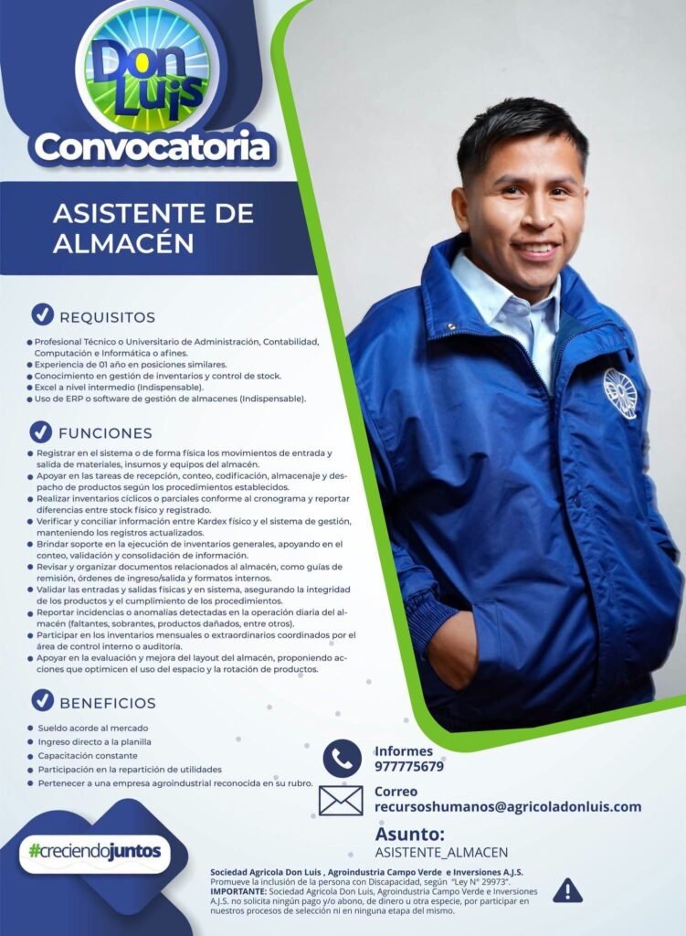 Asistente de Almacén para Agricola Don Luis