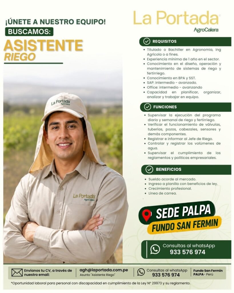 Asistente de riego para Agrocalera en Ica