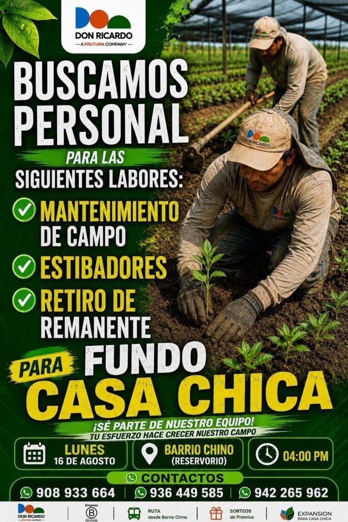 Trabajos en Ica sin experiencia para diversas labores en Agricola Don Ricardo