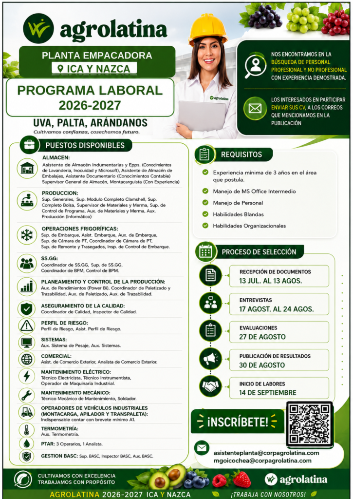 Agrolatina lanza convocatorias para diferentes puestos para packing Ica y Nazca
