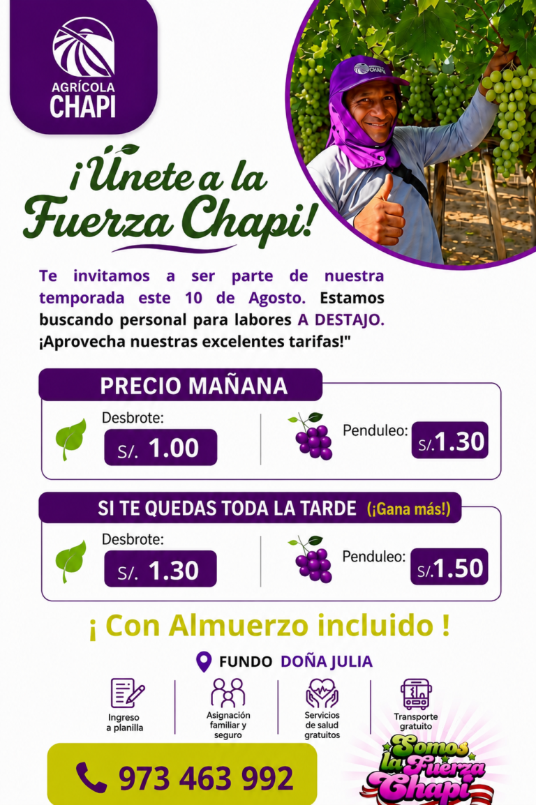 Agrícola Chapi busca personal para desbrote y penduleo en Villacurí este 10 de agosto