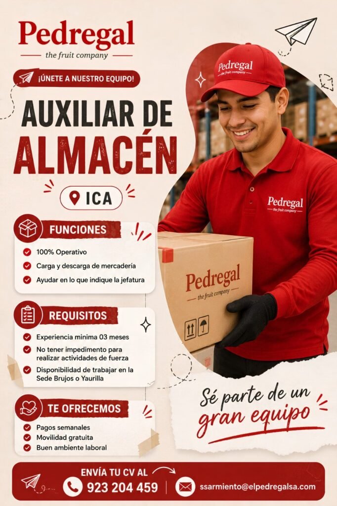Auxiliar de Almacén en pedregal Ica
