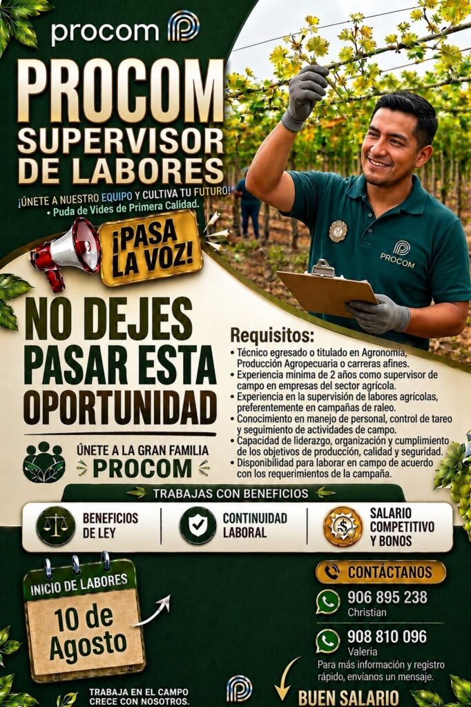 Agricola Procom busca supervisor de labores en Ica