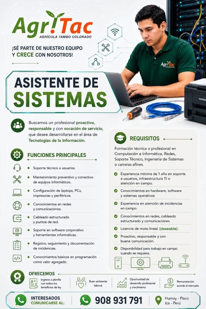 ASISTENTE DE SISTEMAS PARA AGRITAC