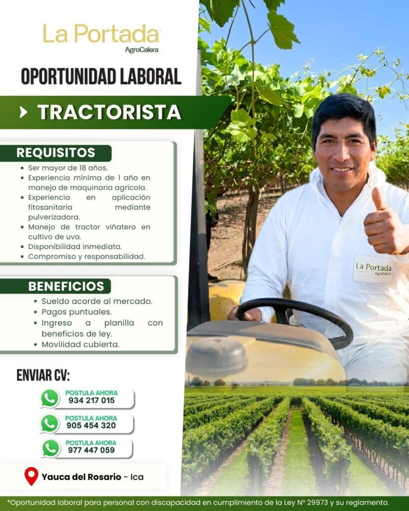 Tractorista para AgroCalera en Yauca del Rosario, Ica