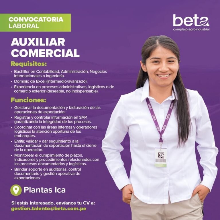 Auxiliar Comercial para Plantas Beta Ica