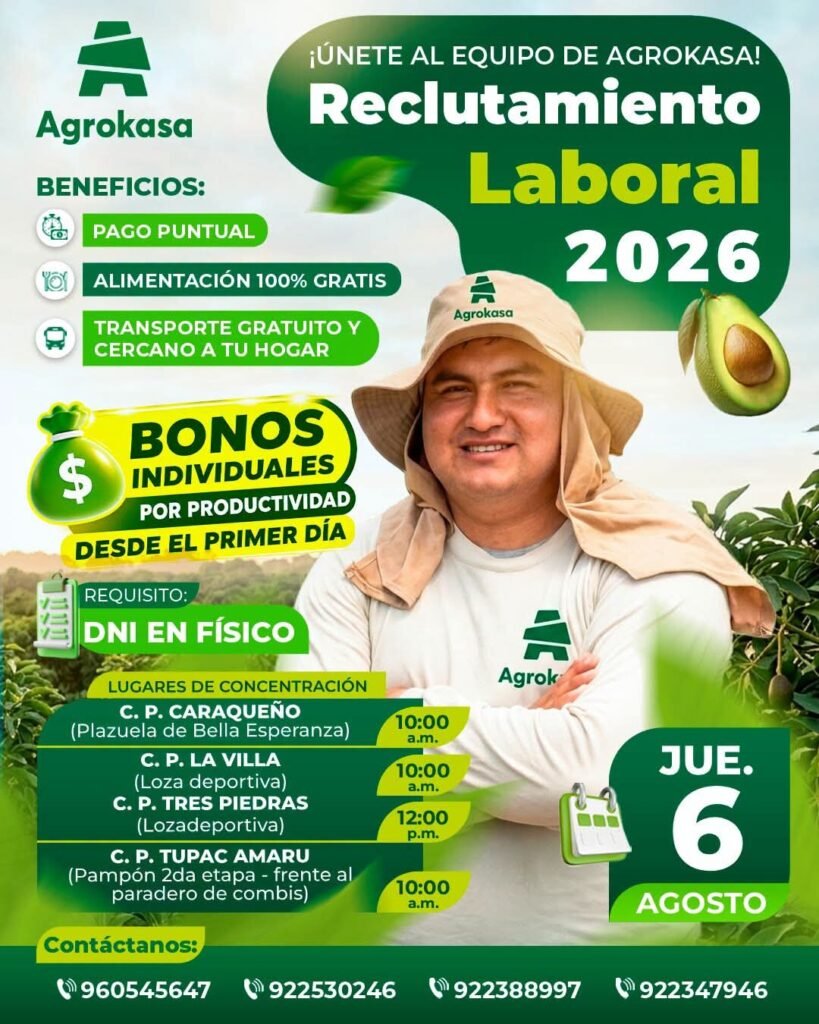 Jornaleros para Campaña de Cosecha en C.P. Caracueño, Perú