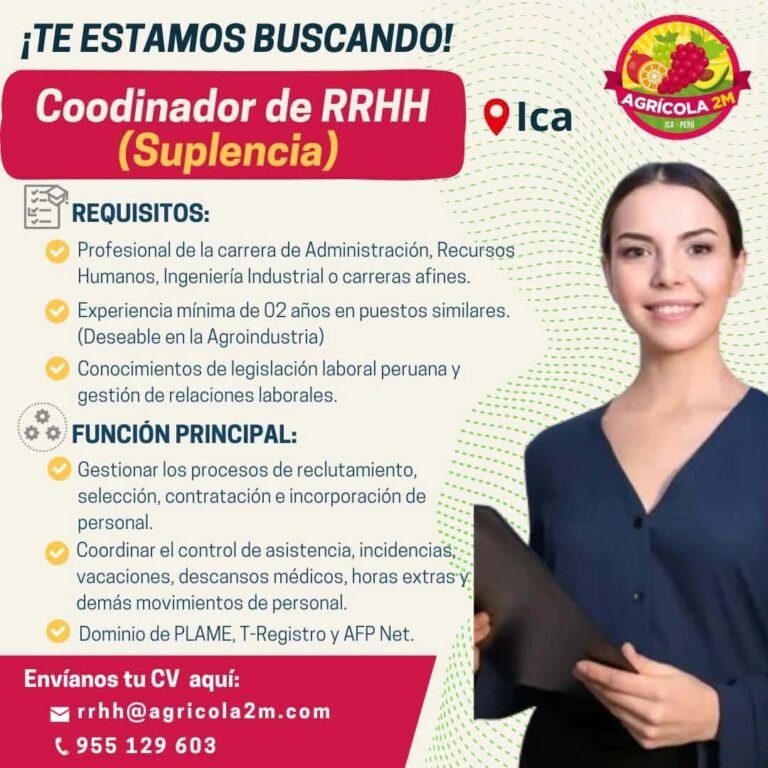 Coordinador de Recursos Humanos en Agricola 3M