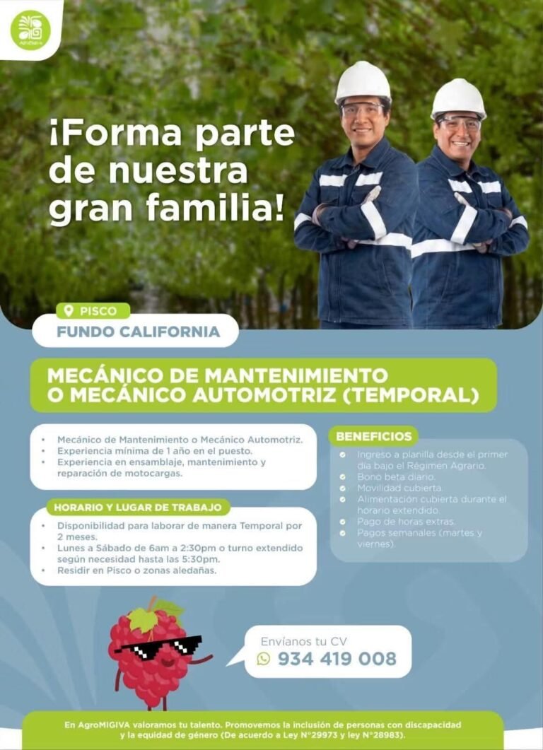 Mecánico de Mantenimiento en Fundo California, Pisco