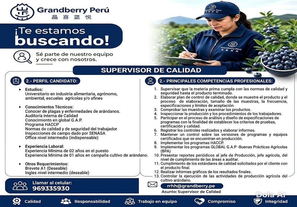 Supervisor de Calidad para Grandberry en Ica