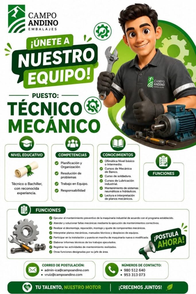 ¡Técnicos mecánicos para campo Andino ñ