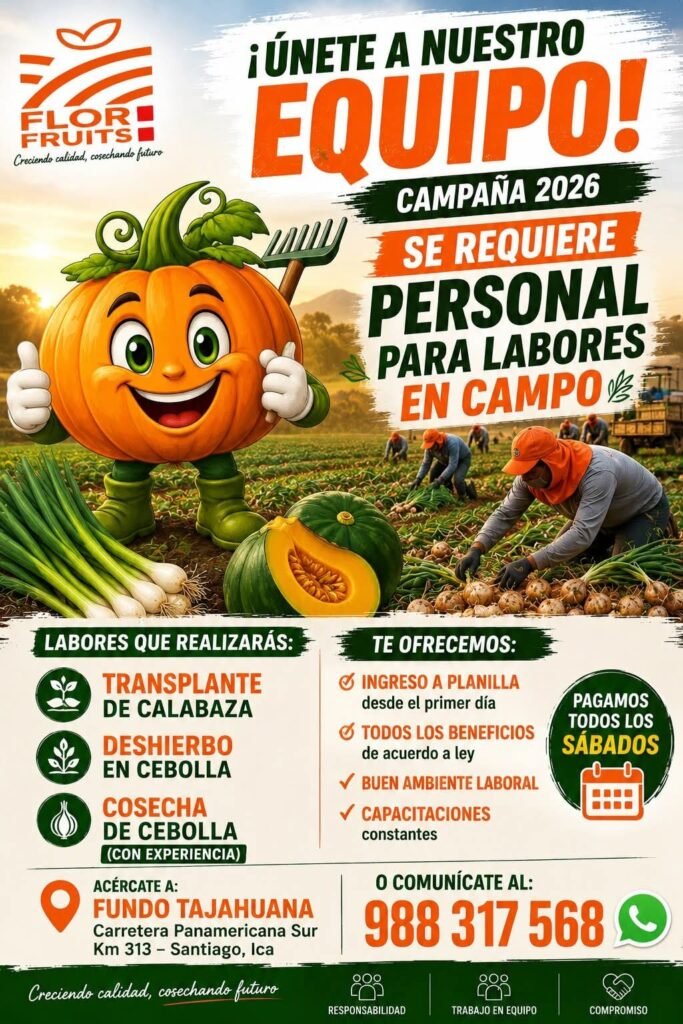 Se requiere personal para labores en campo en flor Fruits