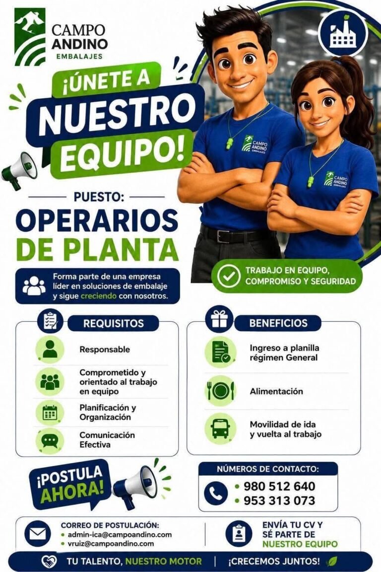 Operarios de Planta en Campo Andino, Ica