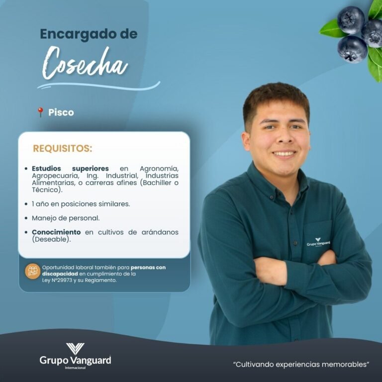 Encargado de Cosecha en Grupo Vanguard Internacional, Pisco