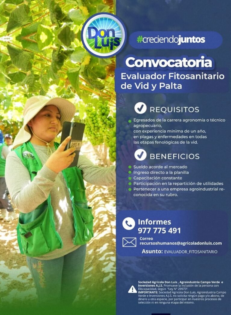 Evaluador Fitosanitario para Vid y Palta en Sociedad Agrícola Don Luis