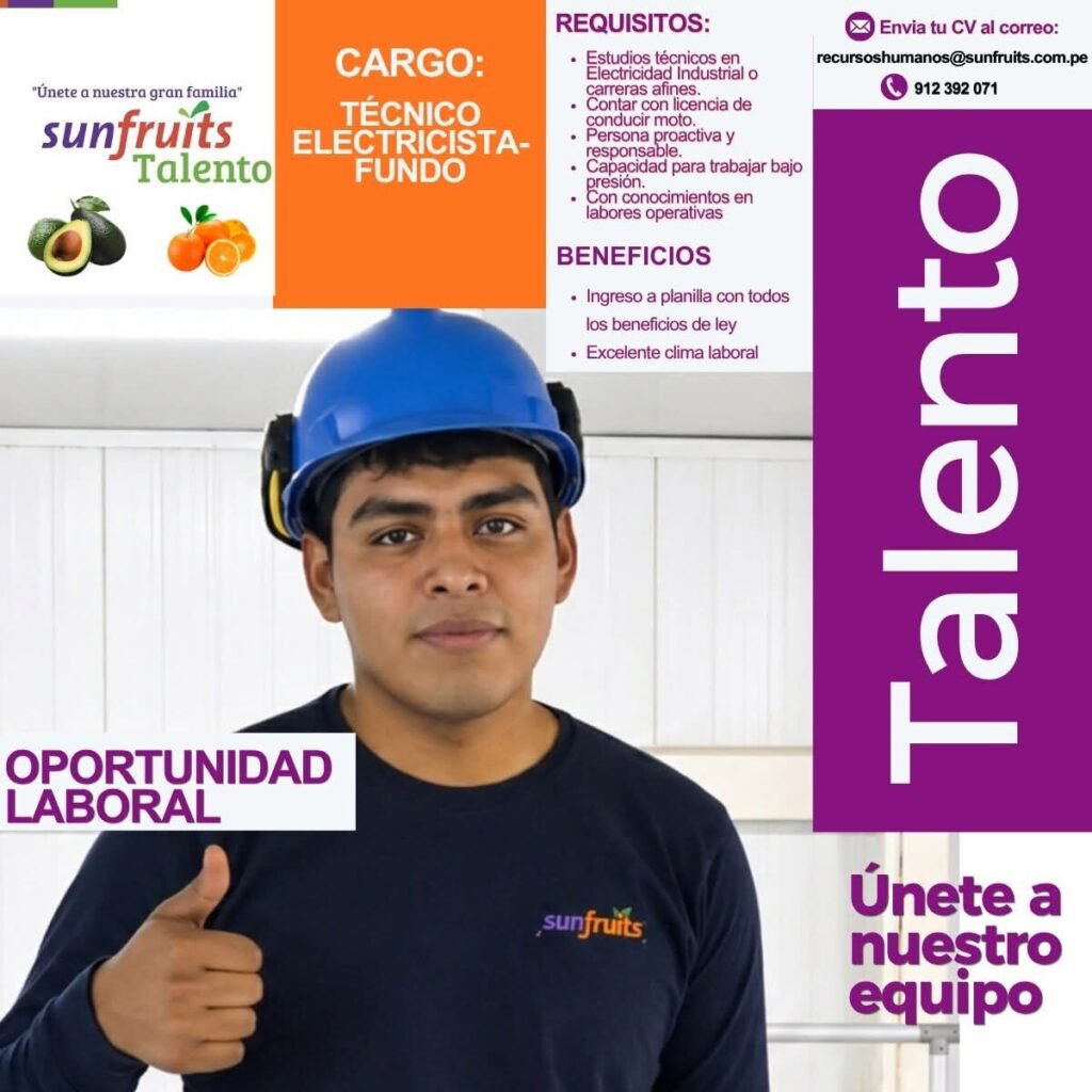 Técnico Electricista para Sun Fruits Exports en Ica