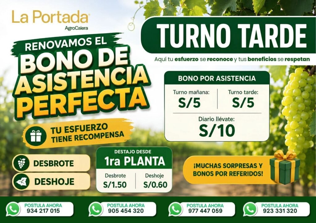 Personal para Turno Tarde en AgroCalera, Lima