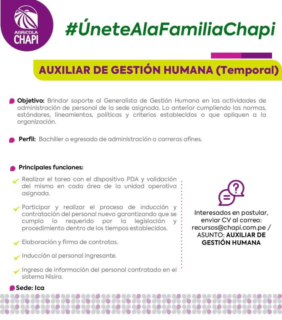 Auxiliar de Gestión Humana Temporal en Ica para Agrícola Chapi