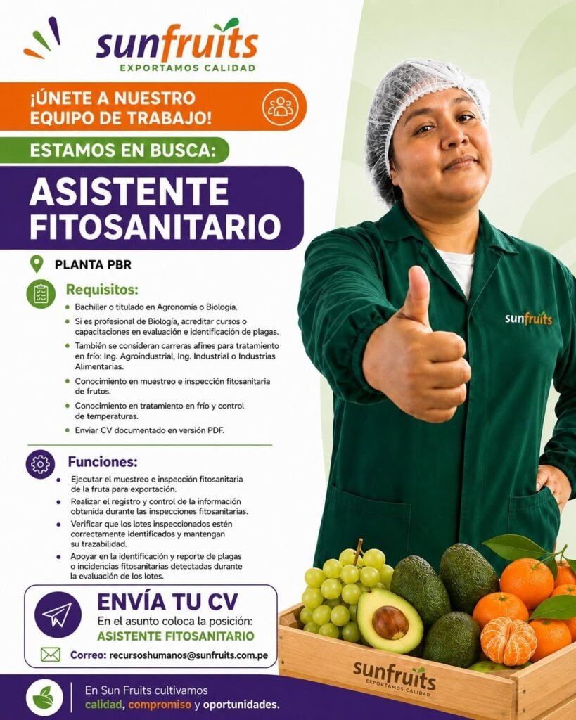 Asistente fitosanitaria en Sunfruits Ica