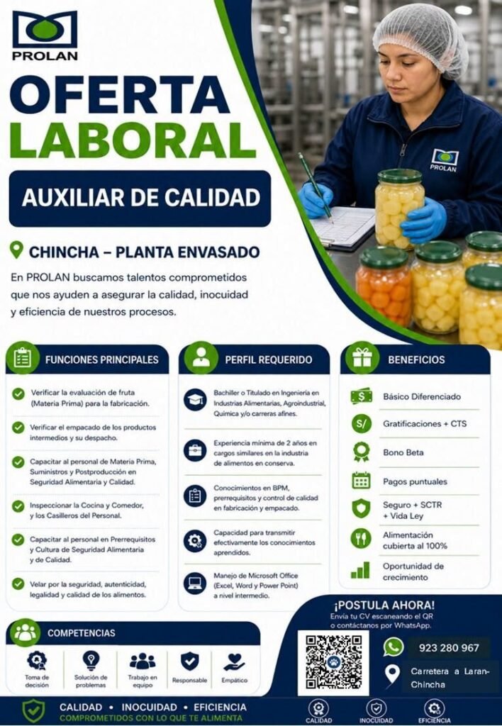 Auxiliar de Calidad en Chincha