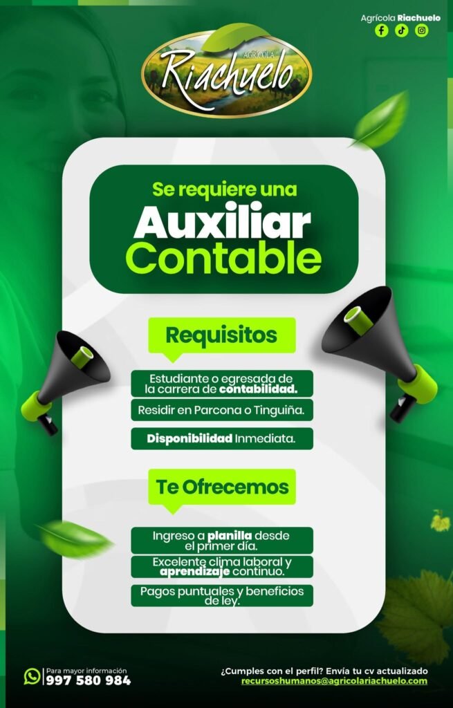 Auxiliar contable Para Agricola Riachuelo