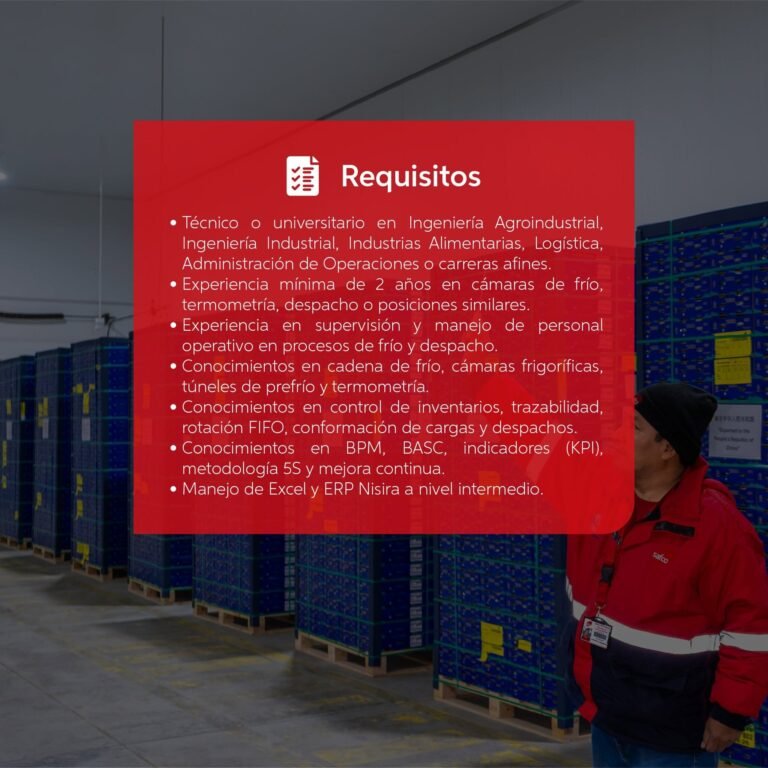 Supervisor de frio en planta de packing Safco