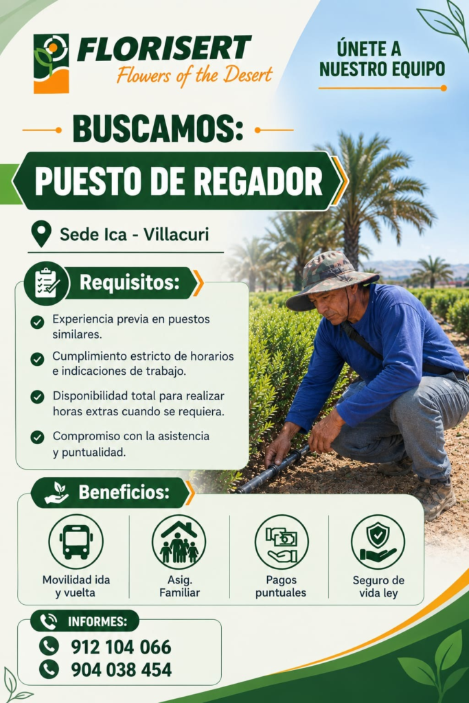 Puesto de regador y operador de mantenimiento para Florisert Ica