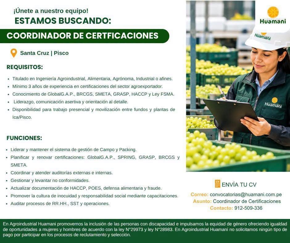 ¡ÚNETE A NUESTRO EQUIPO! - AGROINDUSTRIAL HUAMANI - Imagen 3