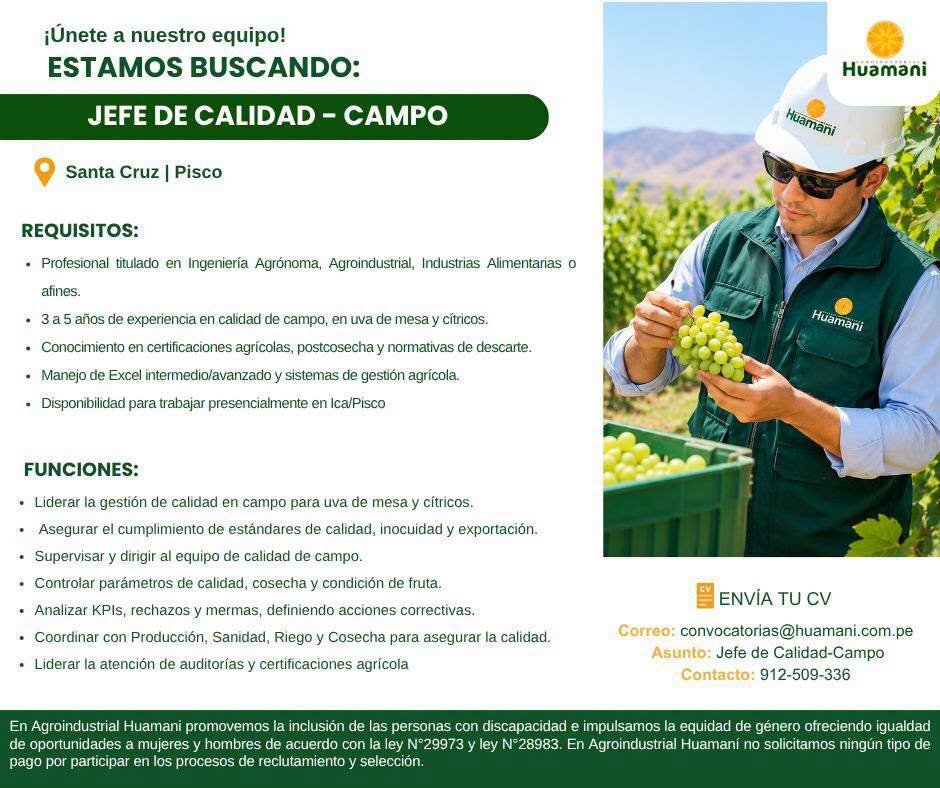 ¡ÚNETE A NUESTRO EQUIPO! - AGROINDUSTRIAL HUAMANI - Imagen 2