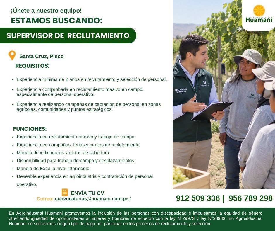 ¡ÚNETE A NUESTRO EQUIPO! - AGROINDUSTRIAL HUAMANI - Imagen 4