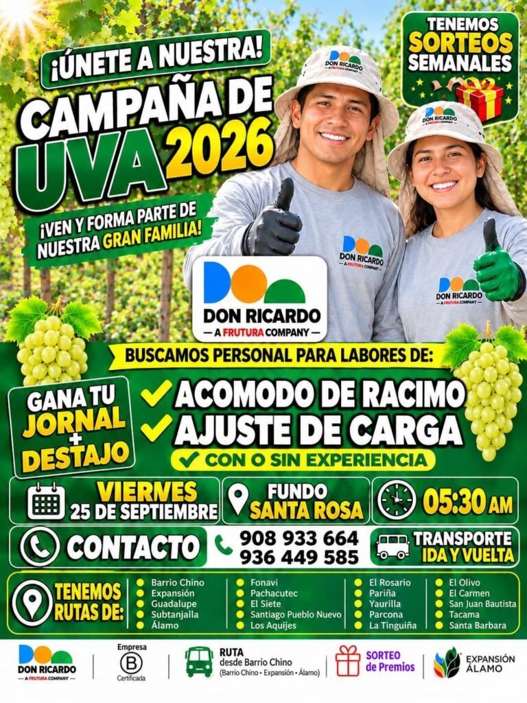 Se requiere personal para Agricola Don Ricardo